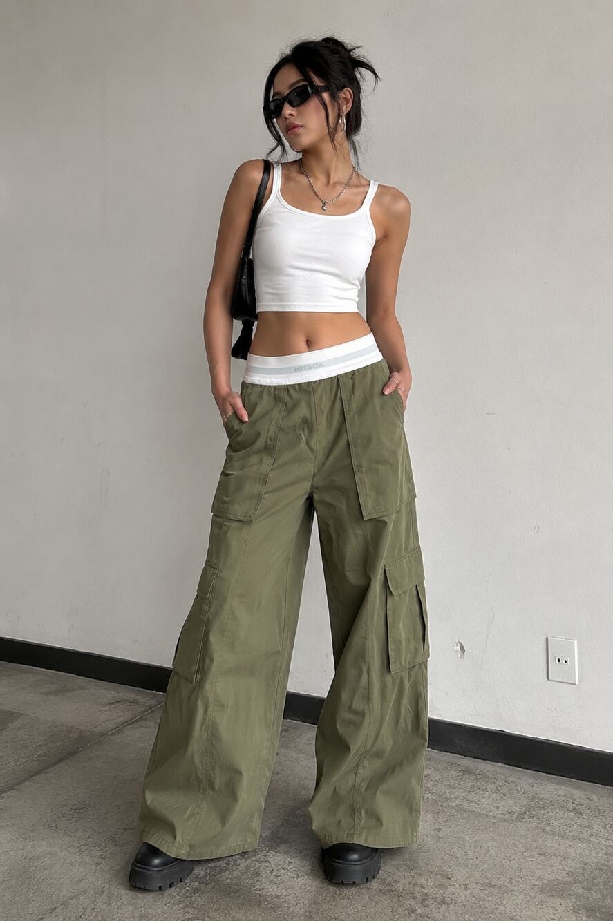 MO&Co Olive Ripstop Cargo Pants Wide Leg Utility Gorpcore Acubi XS